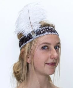 Interalia Flapper 20's Headband Black Sequin With White Feather Womens