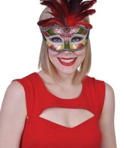 Tomfoolery Womens Masquerade Red Mask With Feathers