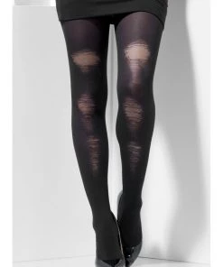 Smiffy's Distressed Opaque Tights Black Womens