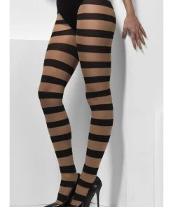 Smiffys Womens Glam Witch Nude & Black Stripe Opaque Tights