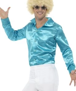 Smiffy's Disco 60s 70s Groovy Mens Blue Satin Shirt