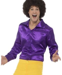 Smiffy's Disco 60s 70s Groovy Mens Purple Satin Shirt