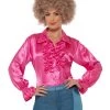 Smiffy's Womens Disco 70s Pink Satin Ruffle Women's Blouse