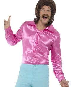 Smiffy's Disco 60s 70s Groovy Mens Pink Satin Shirt