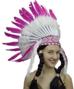 Interalia Authentic American Native Indian Headdress With White & Pink Feathers