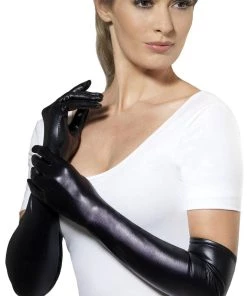 Smiffys Black Long Gloves Wet Look Womens