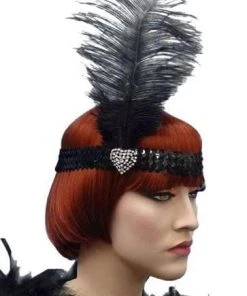 Carnival Products Heart Crystal Flapper 20's Headband & Black Feather