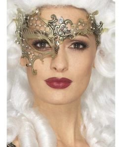 Smiffys Womens Deluxe Metal Filigree Gold Half Eye-mask