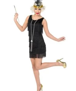 Disguises Flapper Full Black Or Red Fringing Women's 1920's Hire Costume Womens