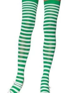 Music Legs Green And White Striped Stay-up Thigh High Stockings Womens