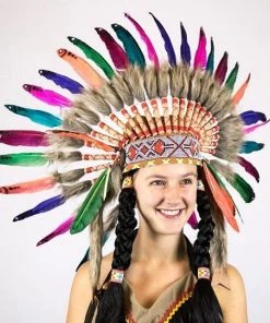 Interalia Native American Indian Rainbow Feather Headdress Womens