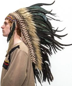Interalia Womens Indian Headdress Long Black Cock Feather Native American Chief War Bonnet