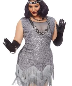 Leg Avenue Roaring Roxy 1920's Silver Sequin Curvy Gatsby Flapper Costume