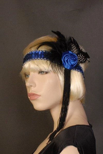 Interalia Rose Flapper Headband Deluxe Blue 3 Interalia Rose Flapper Headband Deluxe Blue