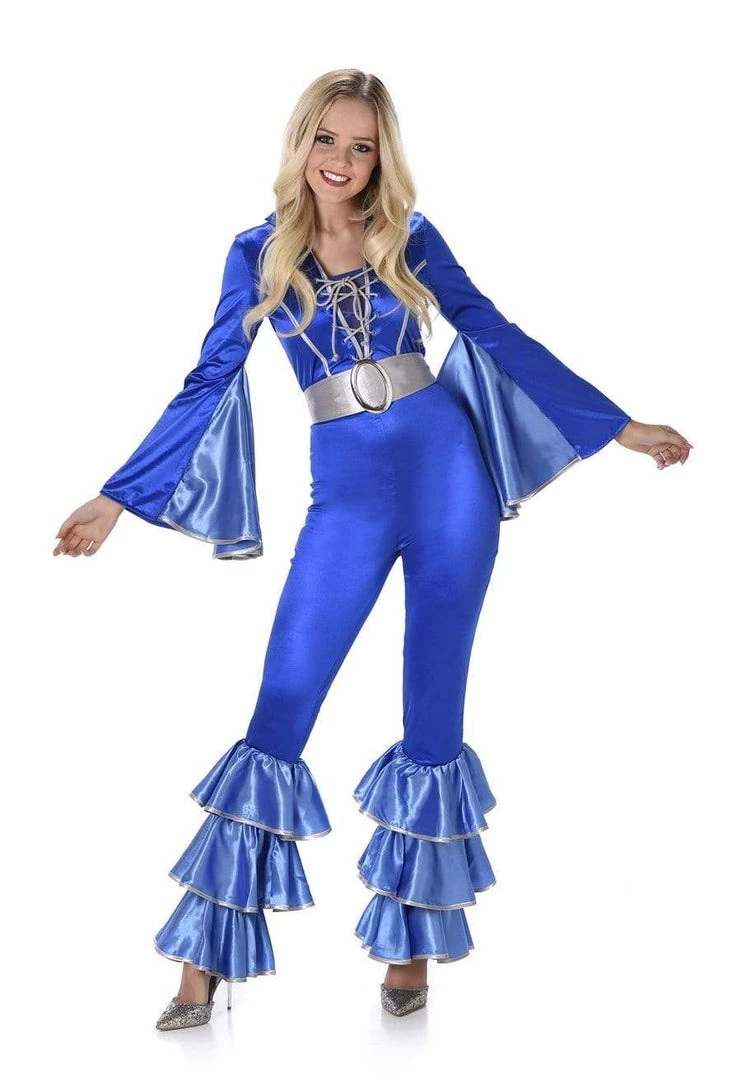 Karnival Costumes Disco Diva 70s Blue Stretch Jumpsuit 3 Karnival Costumes Disco Diva 70s Blue Stretch Jumpsuit
