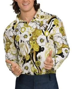 Disguises Disco 70s Mens Costume Hire Shirt Green Floral