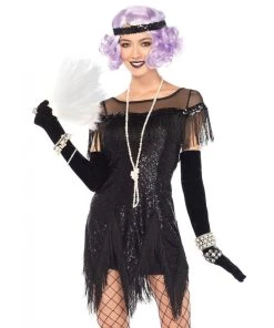 Leg Avenue Womens Flapper 1920s Dress Black Sequin Fringed Costume