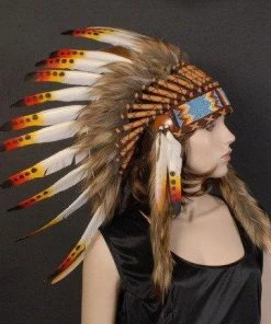 Interalia Native American Indian Headdress Yellow Red Chief Feather War Bonnet