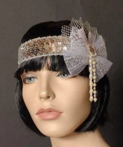 Interalia Pearls And Netting Flapper Headband Deluxe White Womens