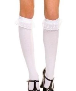 Music Legs Womens School White Lace Ruffle Trim Socks Opaque Knee High Stockings Ladies Hosiery