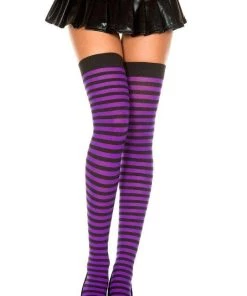 Music Legs Womens Purple And Black Striped Stay-up Thigh High Stockings