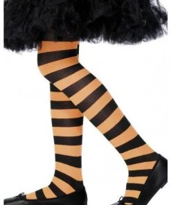Smiffy's Kids Witch Pumpkin Tights Girls Striped Orange Black