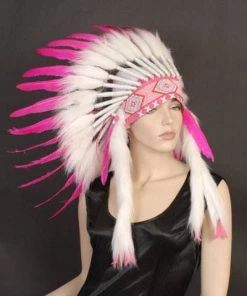 Interalia Authentic American Native Indian Headdress With White & Pink Feathers