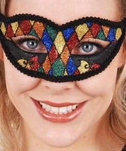 Tomfoolery Harlequin Masquerade Mask With Bright Multicolour Glitter Womens