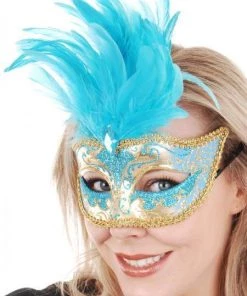 Tomfoolery Womens Mask Aqua Blue Feather Women's Masquerade