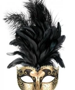 Tomfoolery Sienna Women's Masquerade Mask Black And Gold With Feathers