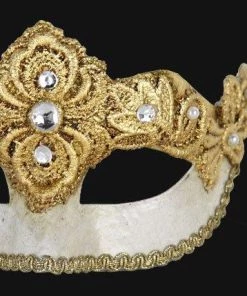 Carta Alta Crackled Mask Venetian Ladies White With Gold Woven Embellishments