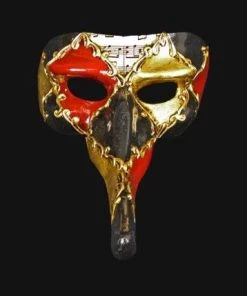 Carta Alta Long Nose Masquerade Mask Venetian Black Gold & Red Mens